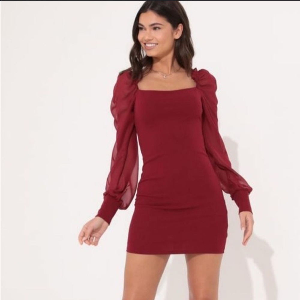 Lucy in the Sky burgundy dress with sheer sleeves